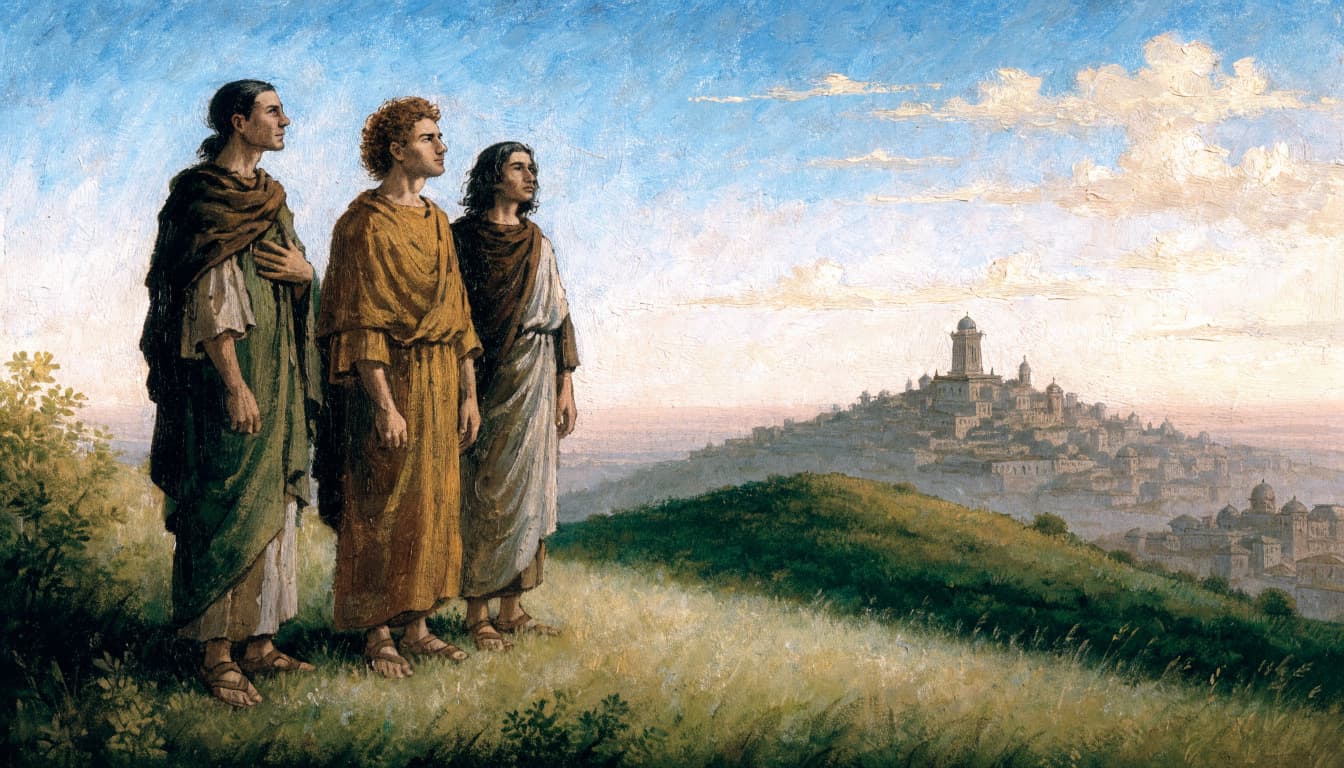 Three people in simple robes stand on a hillside at dawn, looking toward a distant city.