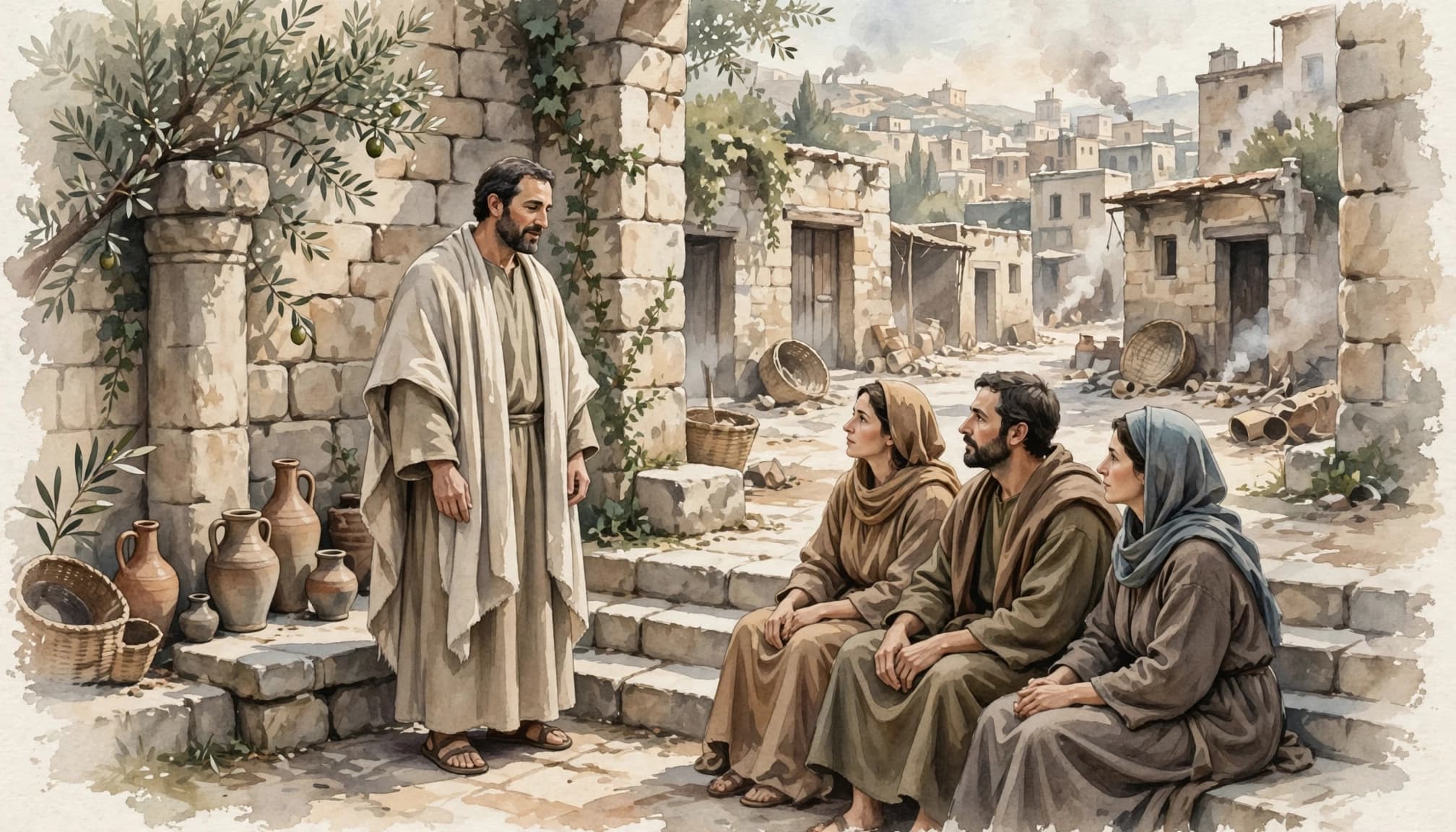 A watercolor illustration of a teacher speaking to three seated listeners in a stone courtyard.