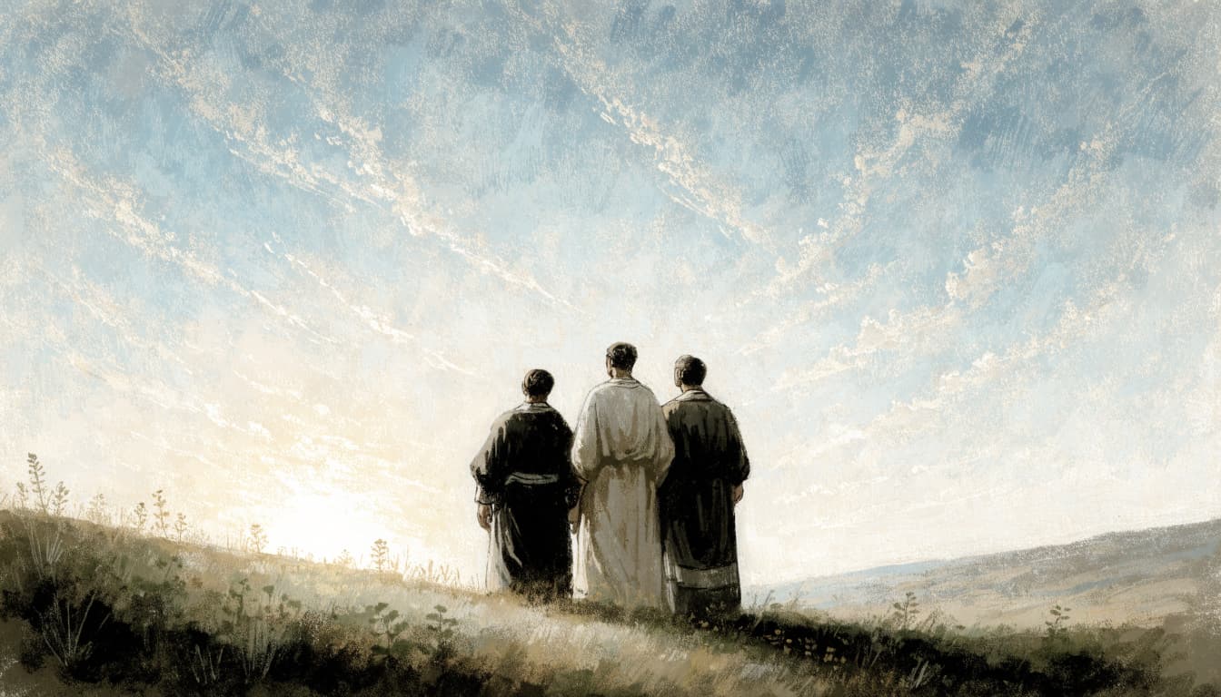 Three people seen from behind standing on a hillside, looking up at a wide dawn sky.