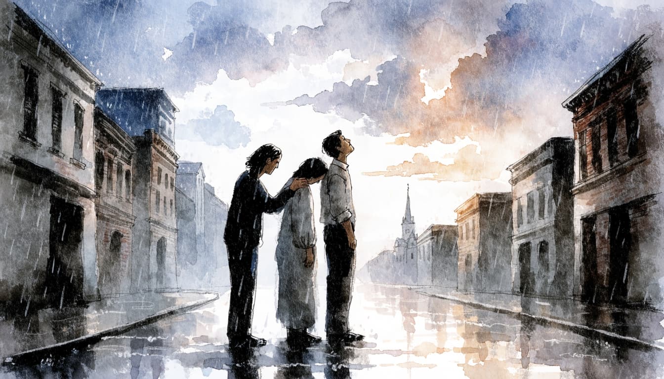A watercolor illustration of three people standing together on a rainy city street at dawn.