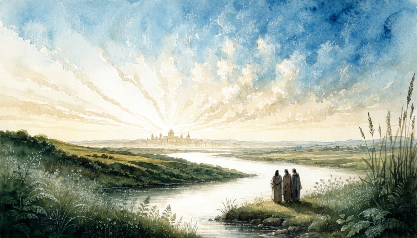A watercolor illustration of three figures standing by a river looking at a distant city at dawn.