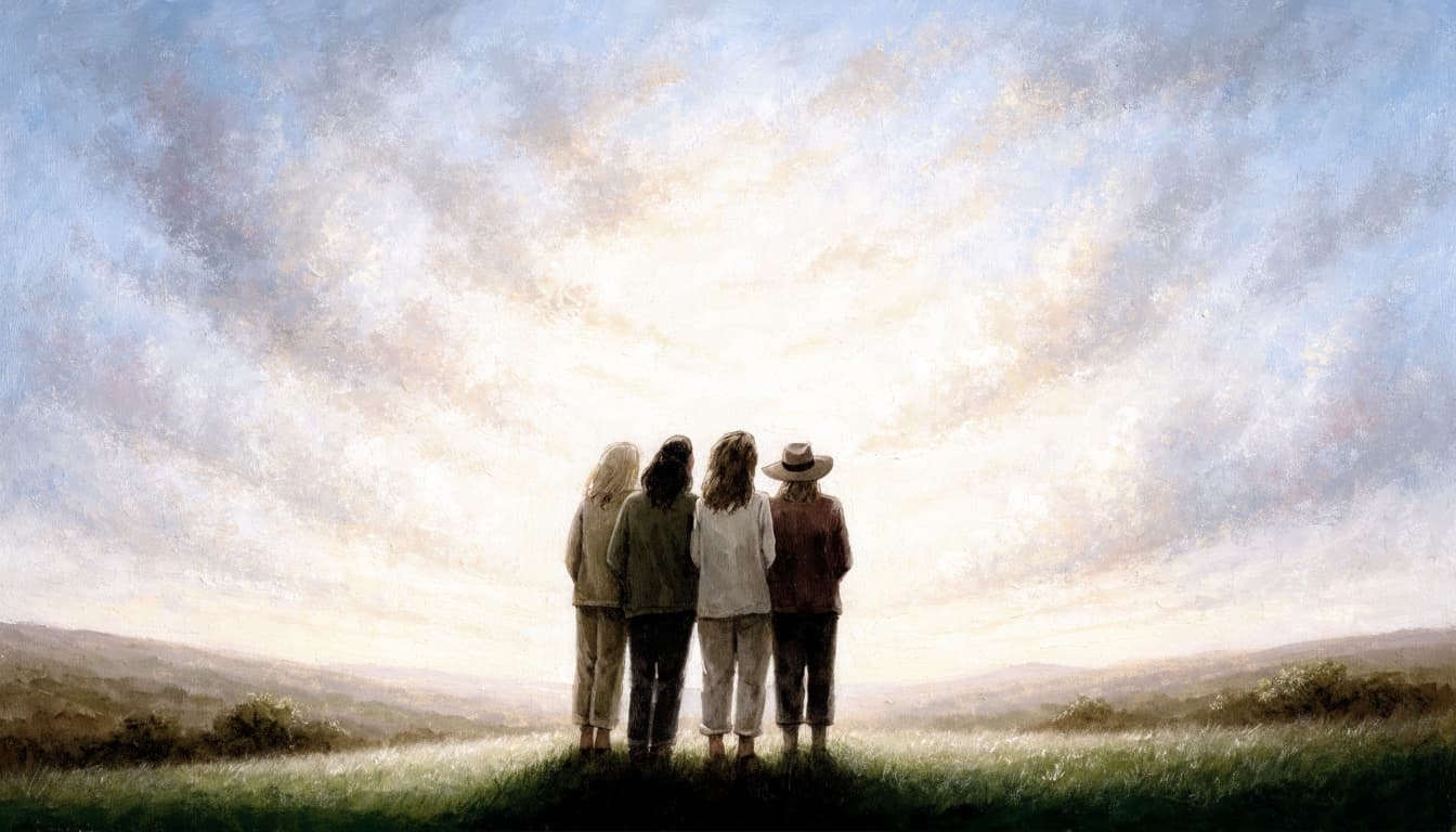 Four people stand on a hillside, viewed from behind, looking up at a bright morning sky.