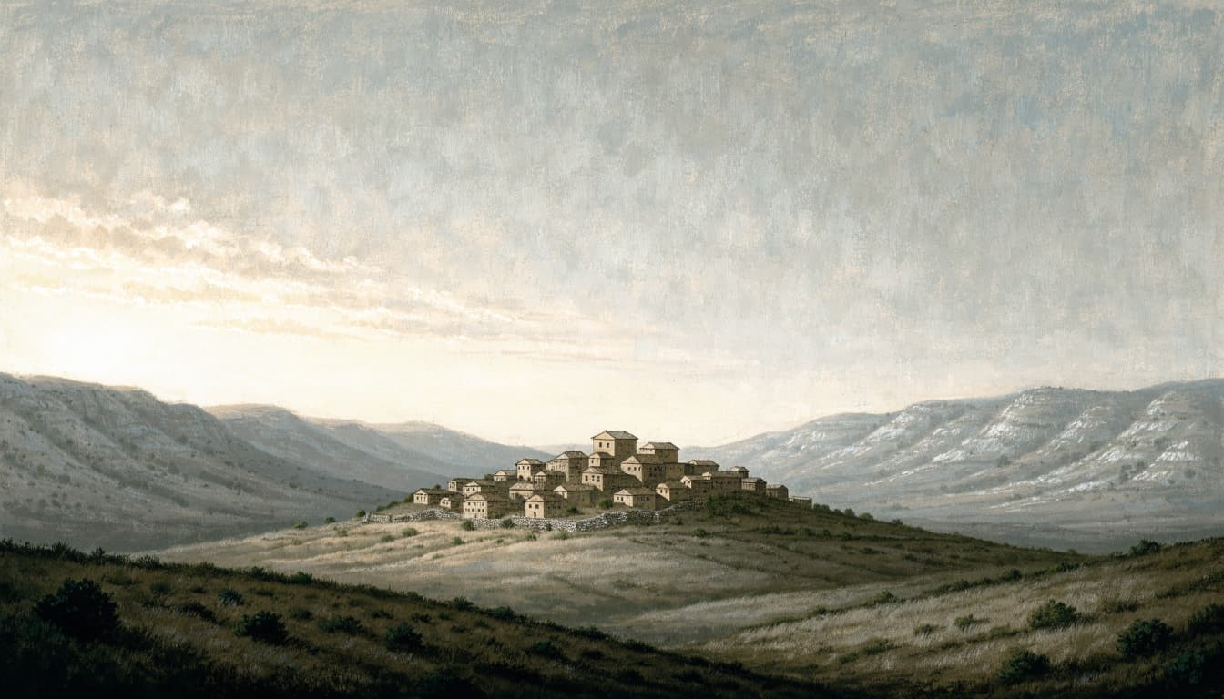 A wide landscape painting of a small cluster of stone homes on a hillside at dawn.