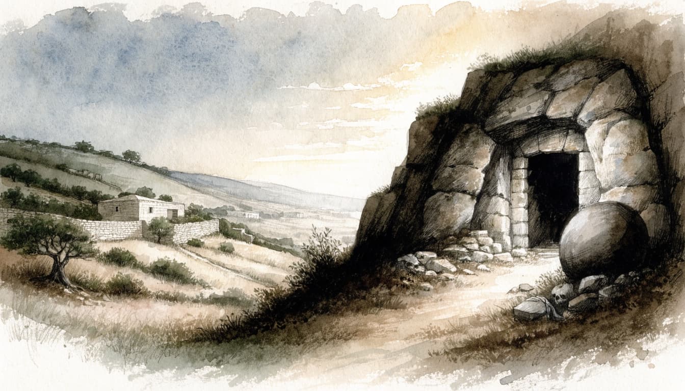 Watercolor illustration showing a stone dwelling in a village on the left and an empty rock-cut tomb on the right.