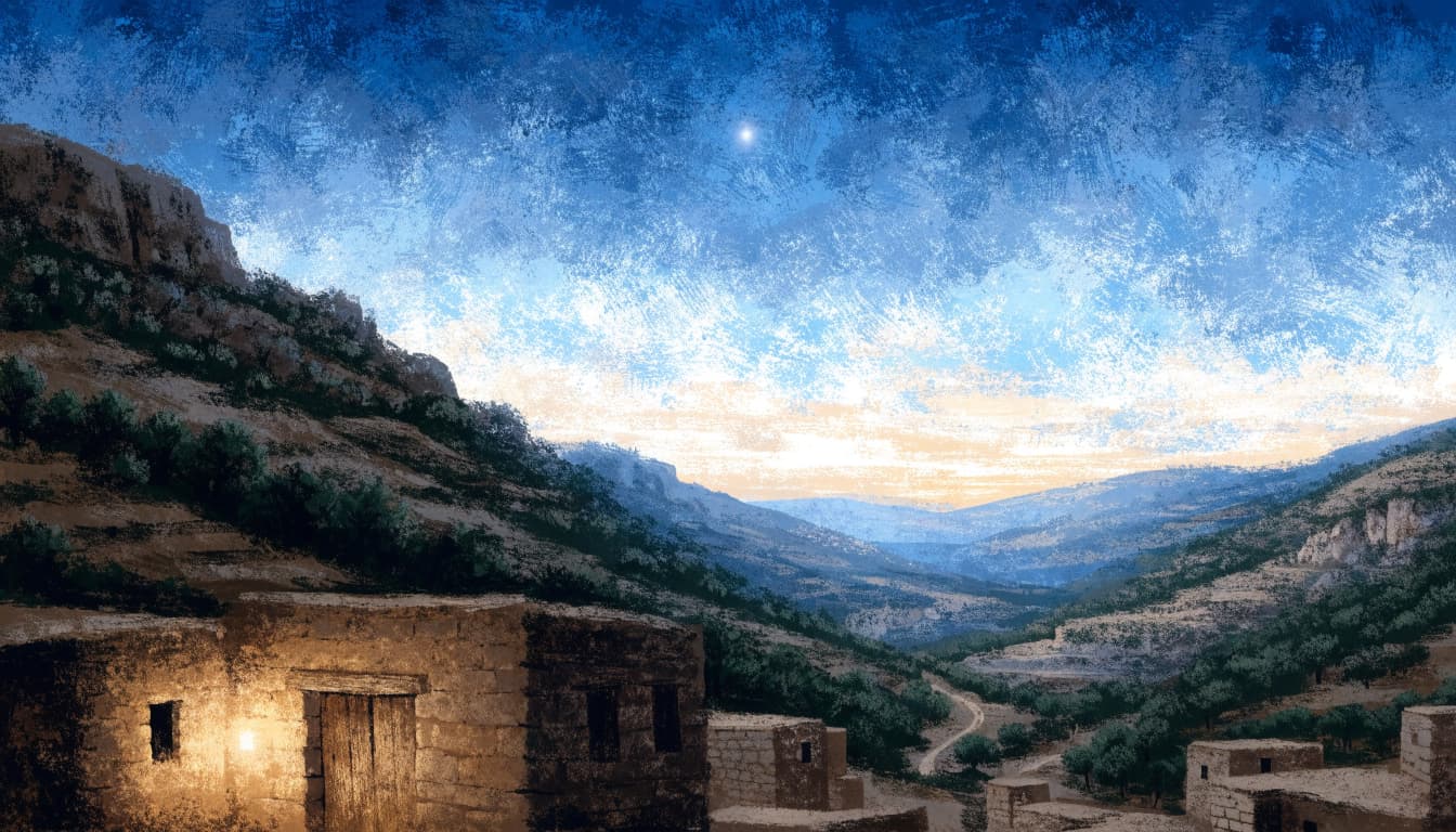 A textured painterly illustration of a Bethlehem village at dusk with a bright star over rolling hills.