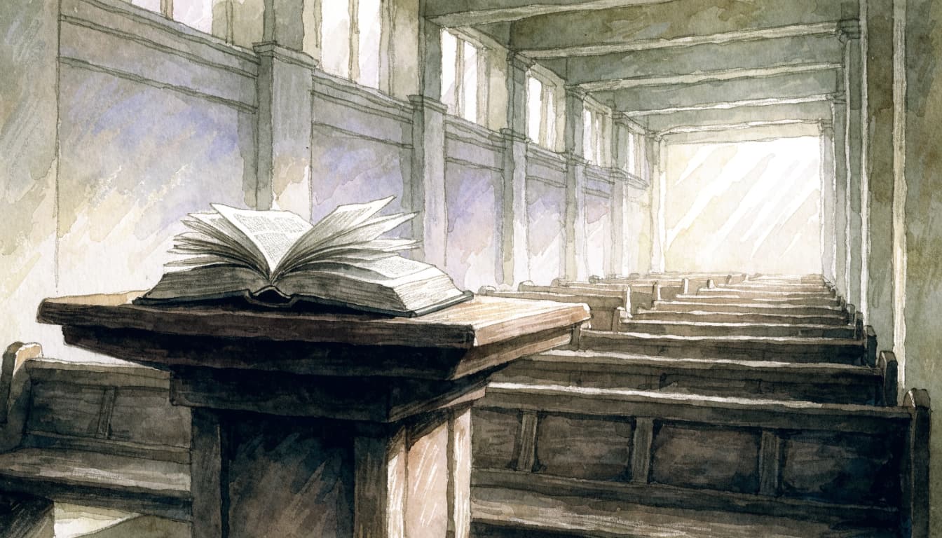A watercolor illustration of an open Bible on a wooden lectern inside a church sanctuary.