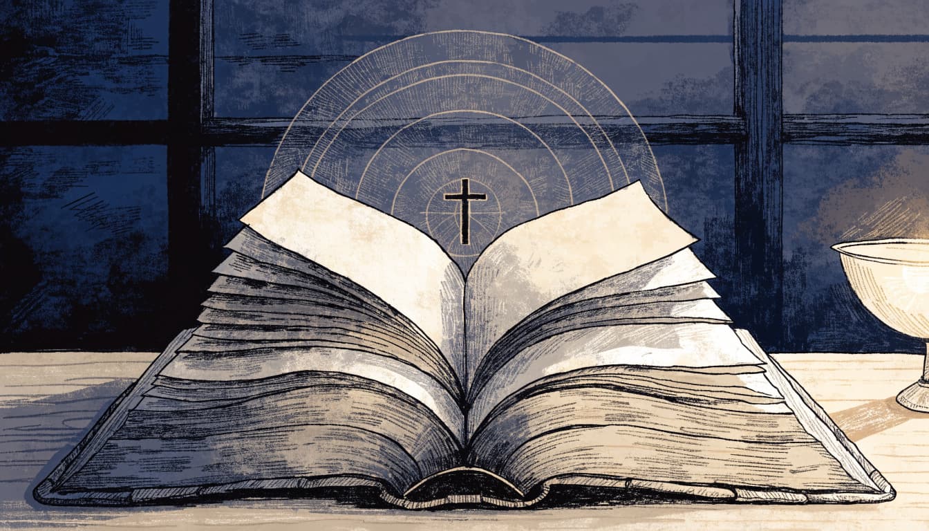 An open book on a table with a small cross and concentric circles above it.