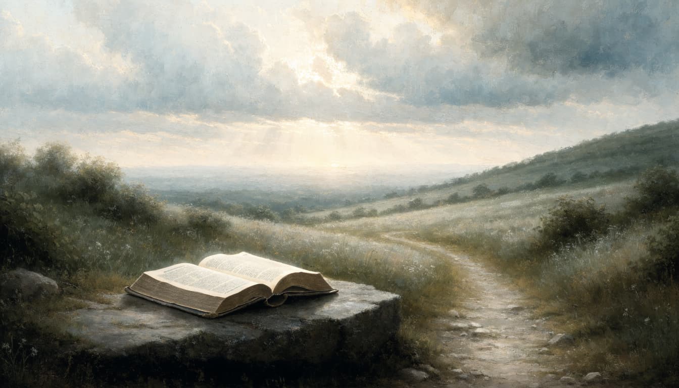 An open book resting on a stone beside a dirt path under a cloudy sunrise.