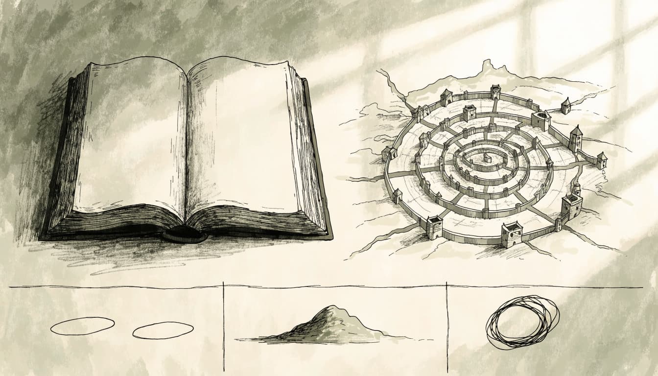 An open book, a circular map, and a timeline strip are shown in an ink-and-wash style.