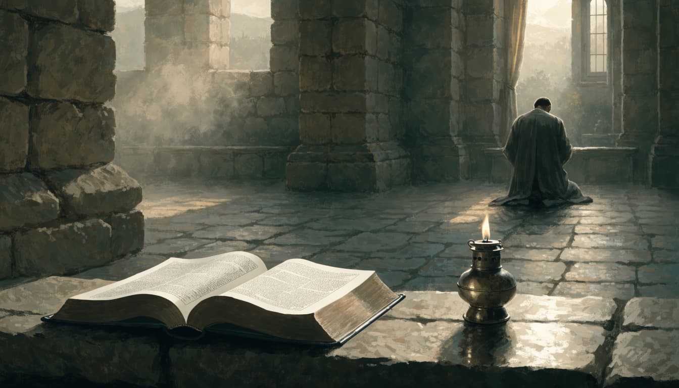 An open book and a lit oil lamp on a stone ledge, with a kneeling person in the distance.