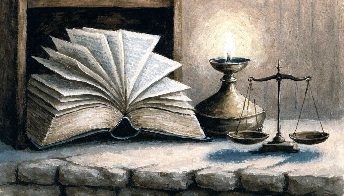 An open book, an oil lamp, and small scales on a stone surface.