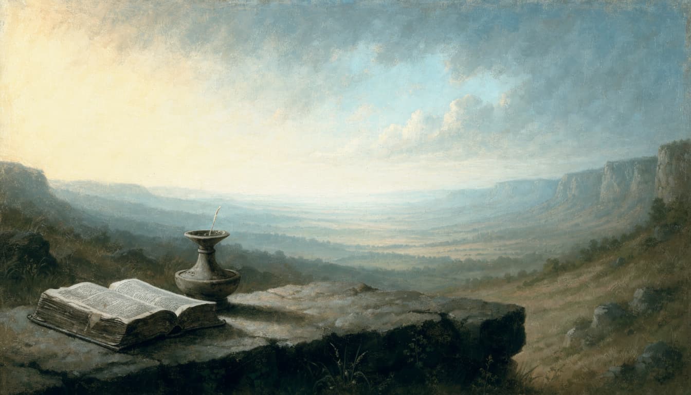 An open book and an oil lamp on a stone ledge overlooking a valley at dawn.
