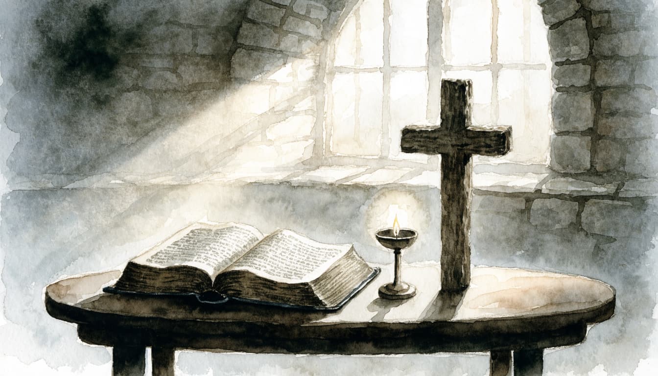 Watercolor illustration of an open Bible, oil lamp, and wooden cross on a table.