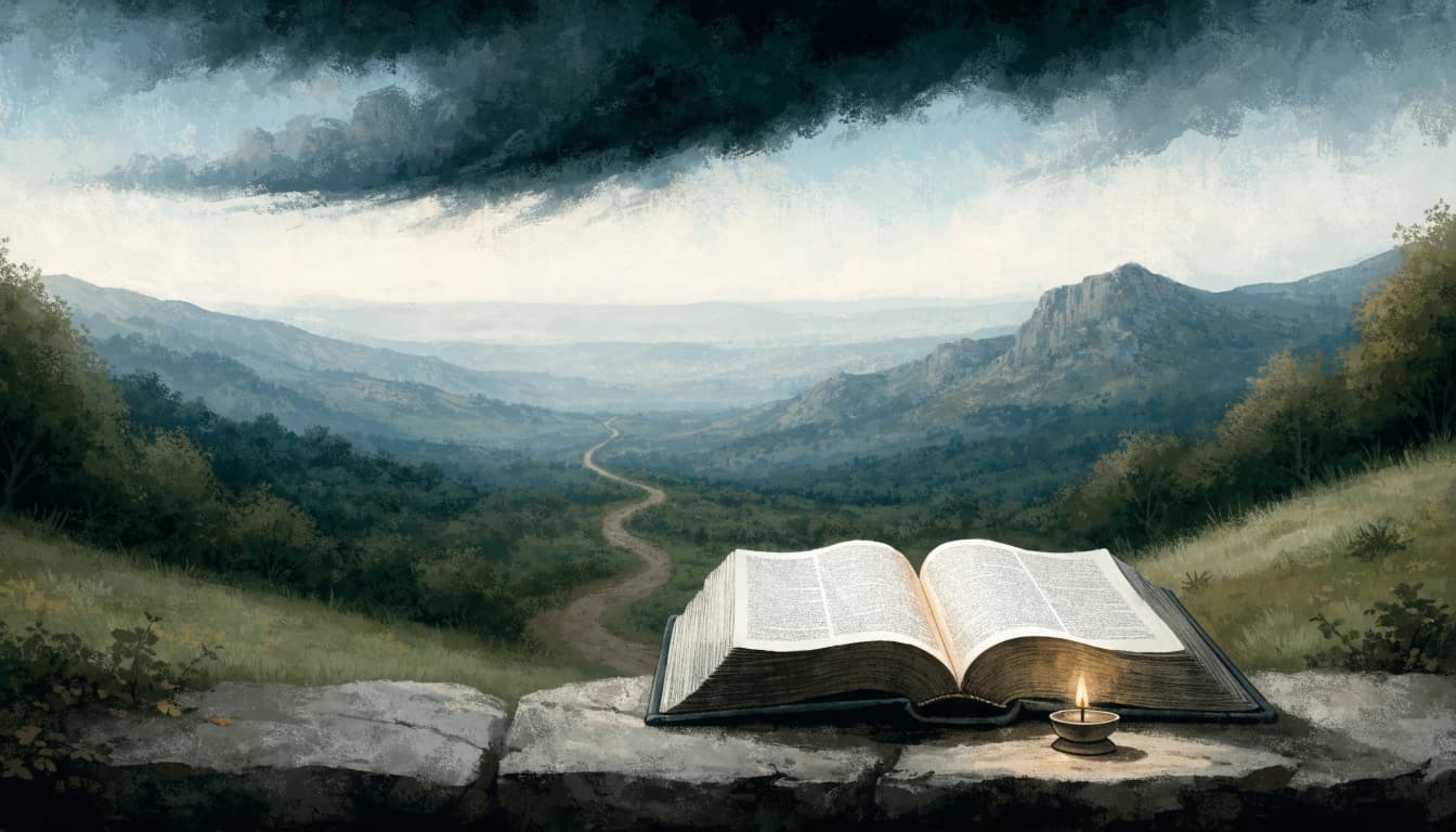 An open book and small lit candle on a stone ledge overlooking a winding mountain path under stormy skies.