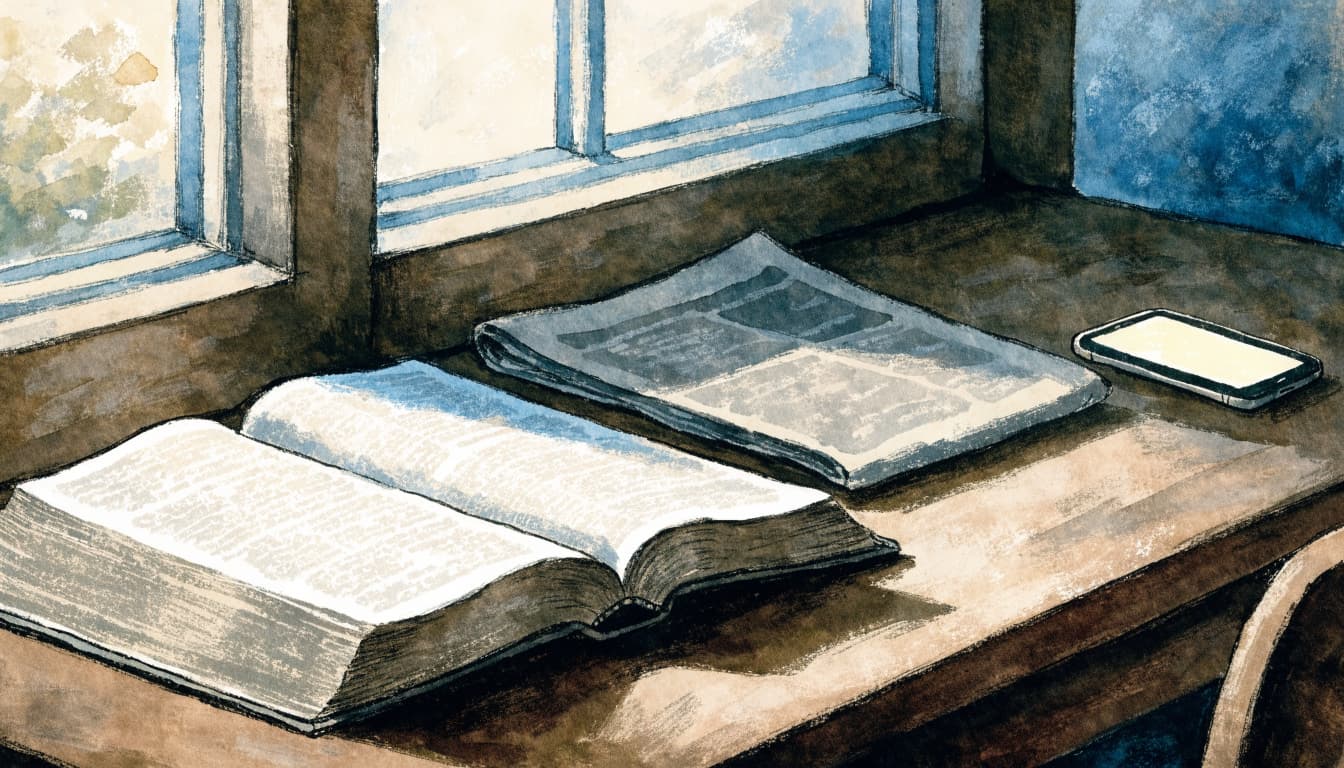 An open book, a folded newspaper, and a smartphone on a wooden table near a window.