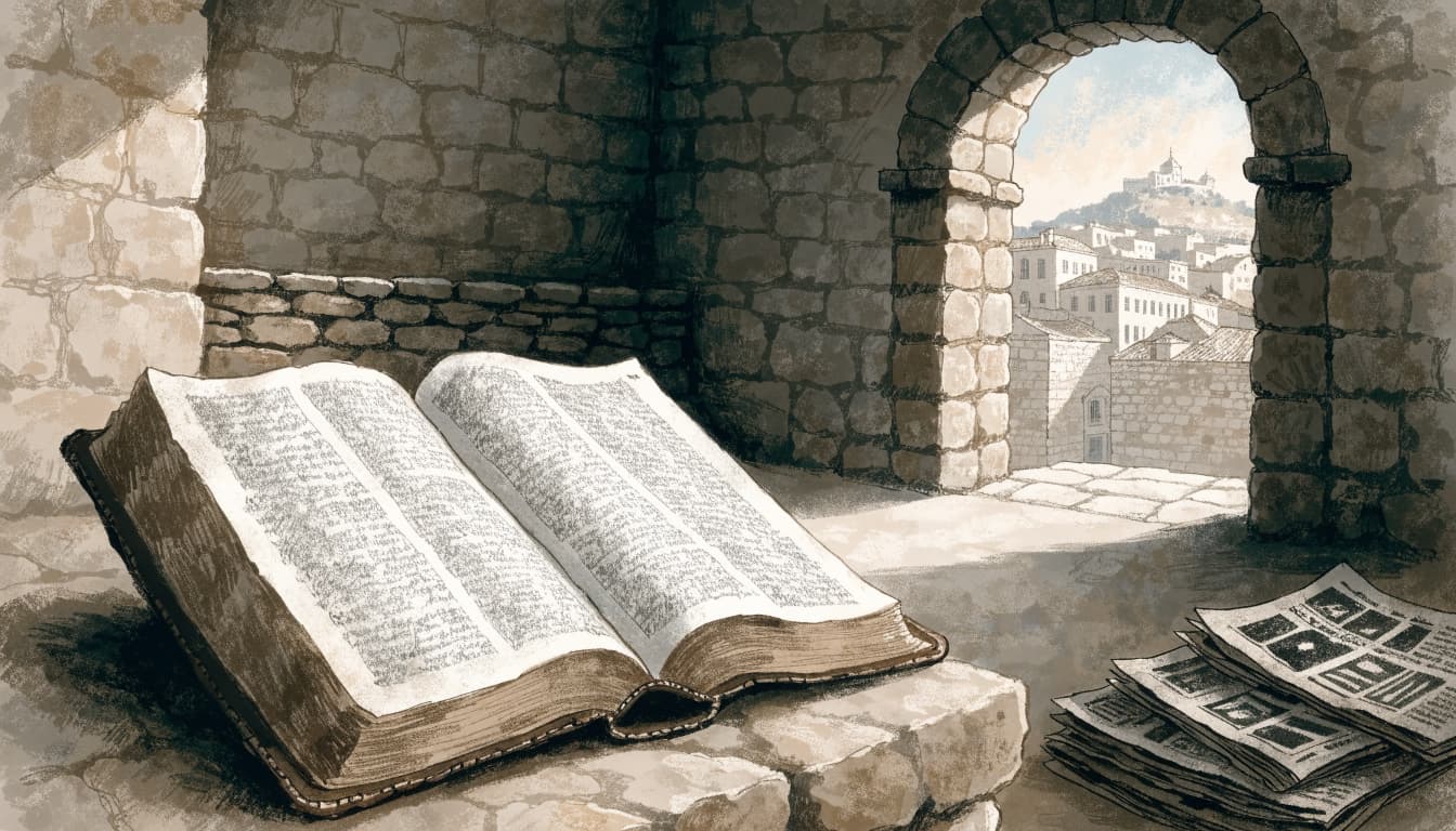 An open book rests on a stone ledge in a room with an arched doorway overlooking a city.