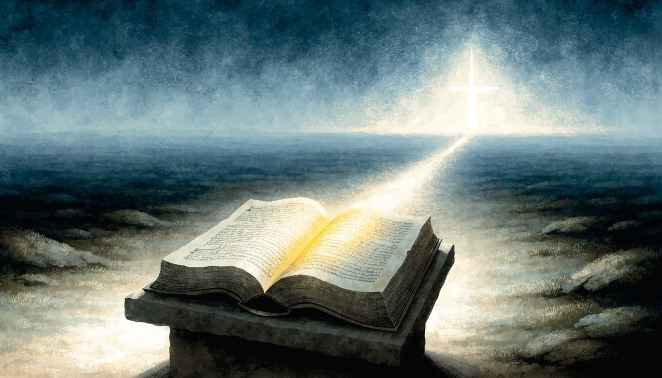 An open Bible on a stone lectern with a beam of light leading to a cross in the distance.