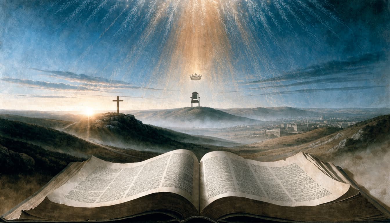 An open book in the foreground with a landscape featuring a cross, a throne, and light rays in the sky.
