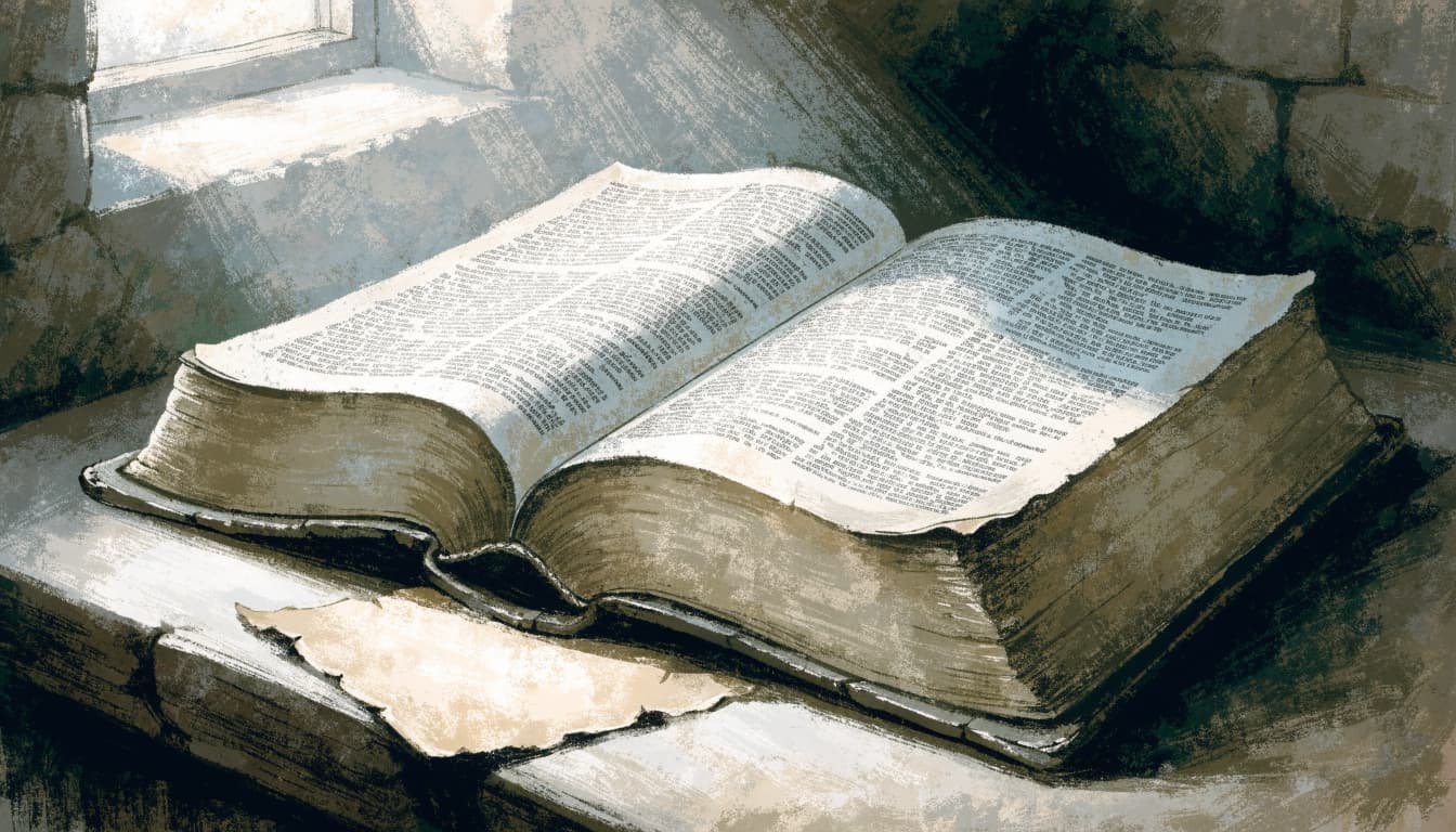 An illustrated open book on a table near a stone window.