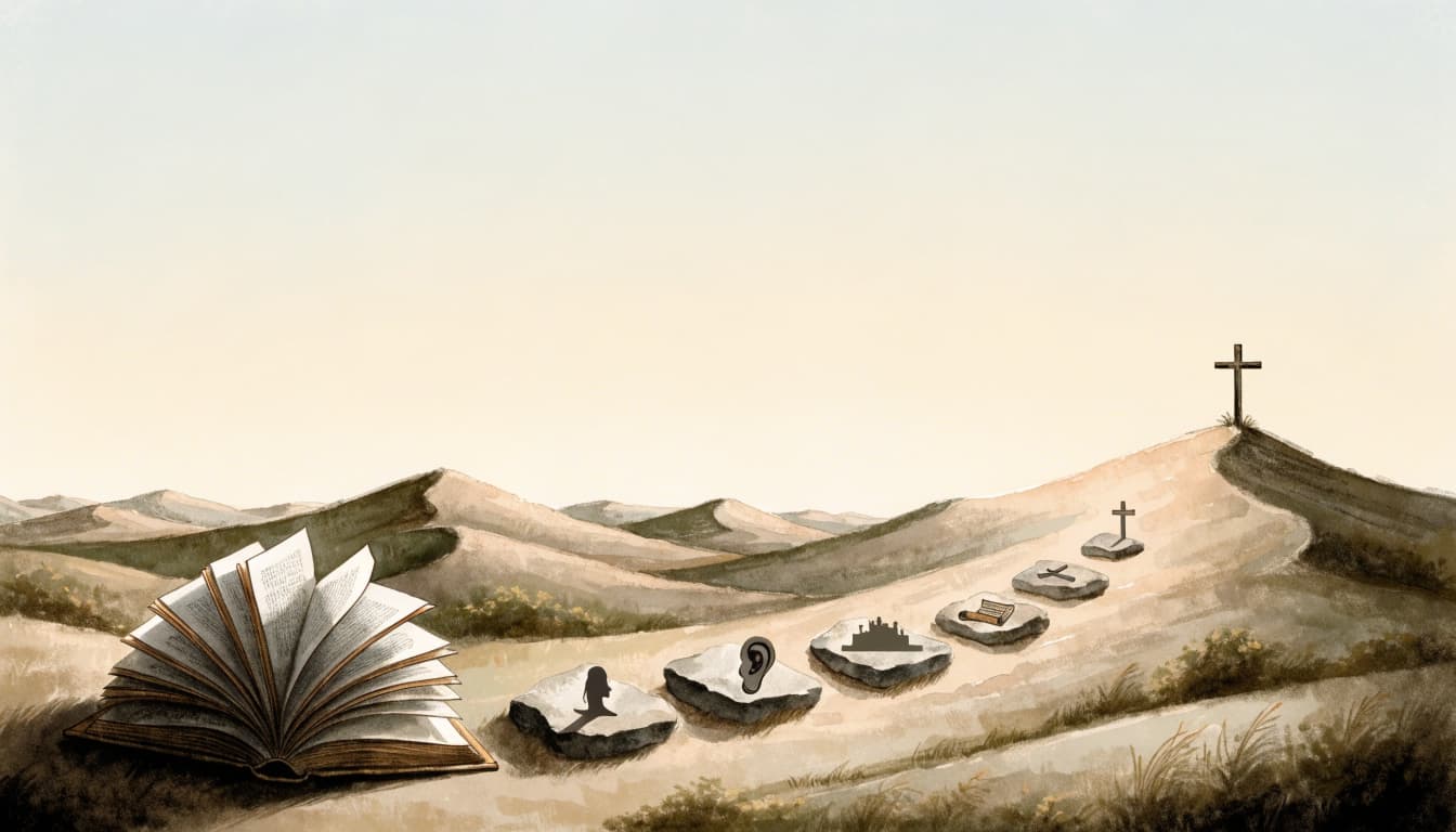 An open book leads to stepping stones marked with symbols up a hill to a cross.