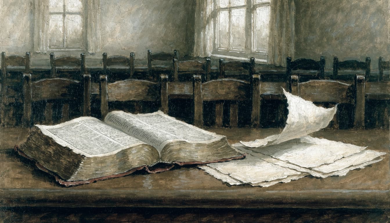 An open book and blank papers on a wooden table inside a quiet room.