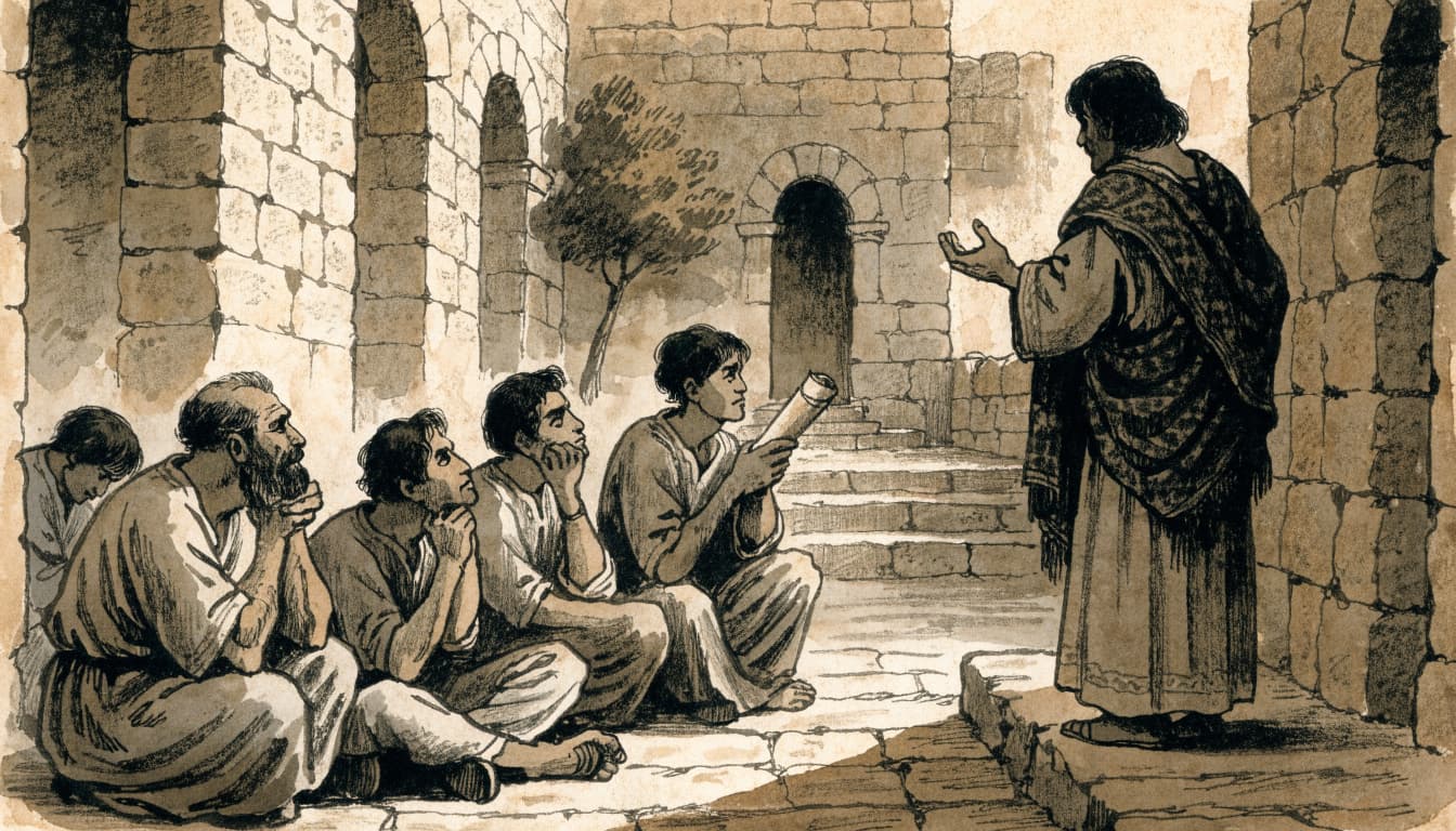 An ink-and-wash illustration of a teacher speaking to a group of five followers seated in a courtyard.