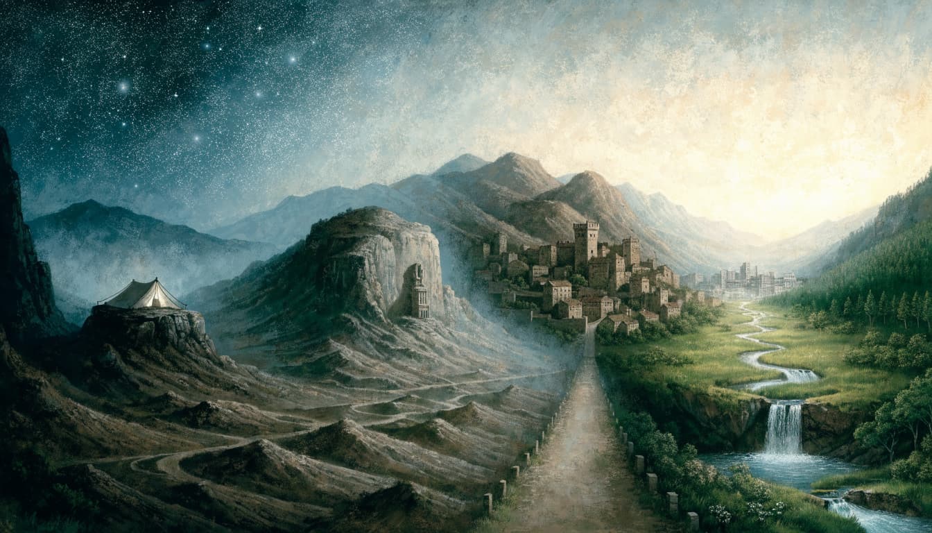 A wide biblical landscape moves from a starry night with a tent to a stone city, a road, and a lush green valley.