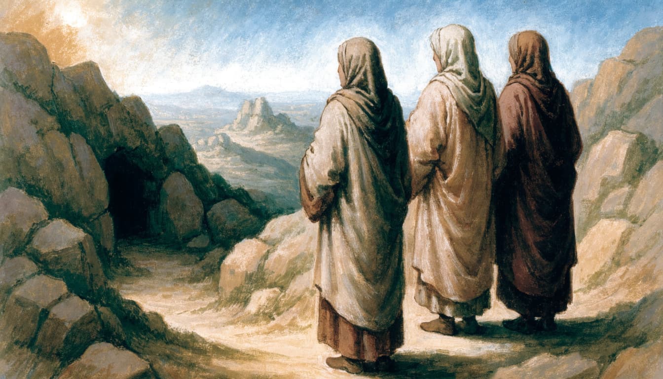 Three robed figures on a rocky hillside look out toward a distant cave and open landscape.