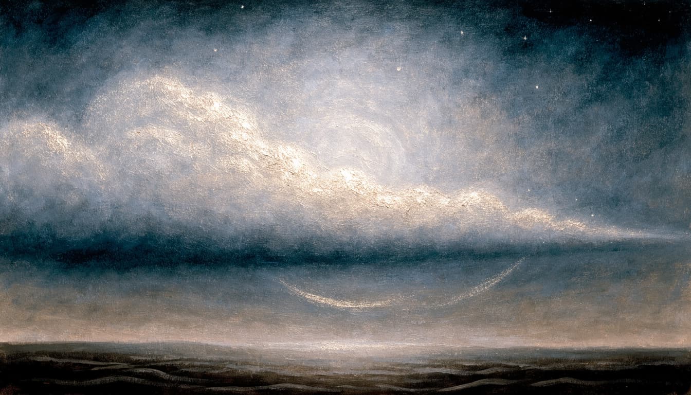 A luminous cloud with golden highlights against a dark sky above a distant horizon.
