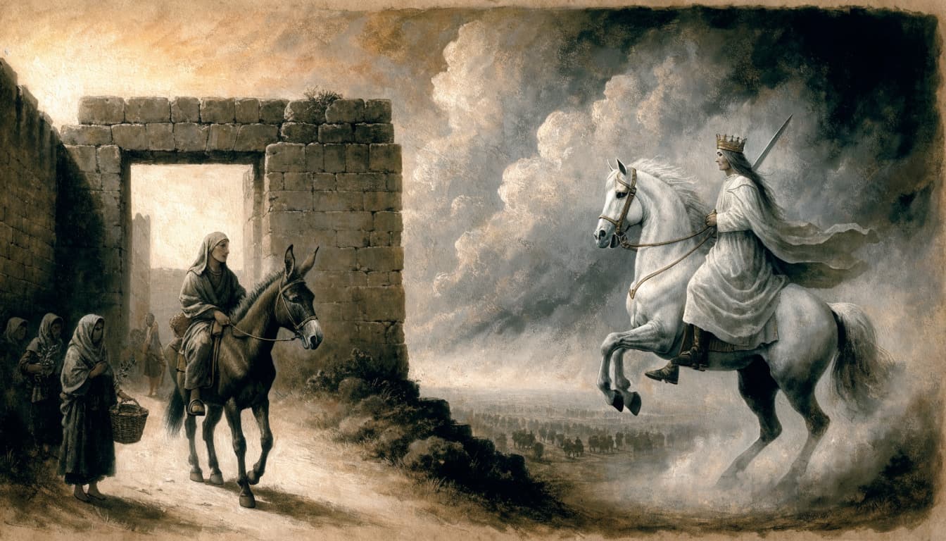 A diptych illustration showing a king on a donkey on the left and a warrior on a white horse on the right.