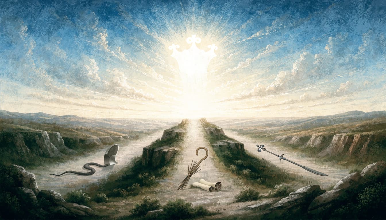 A biblical illustration shows a bright crown of light in the sky above converging paths in a landscape.