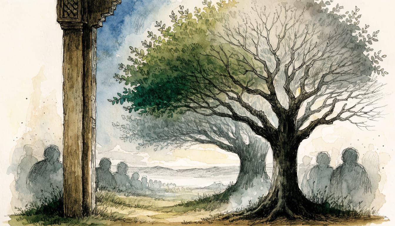 Watercolor and ink illustration of a doorway opening to a fig tree and faint silhouettes.