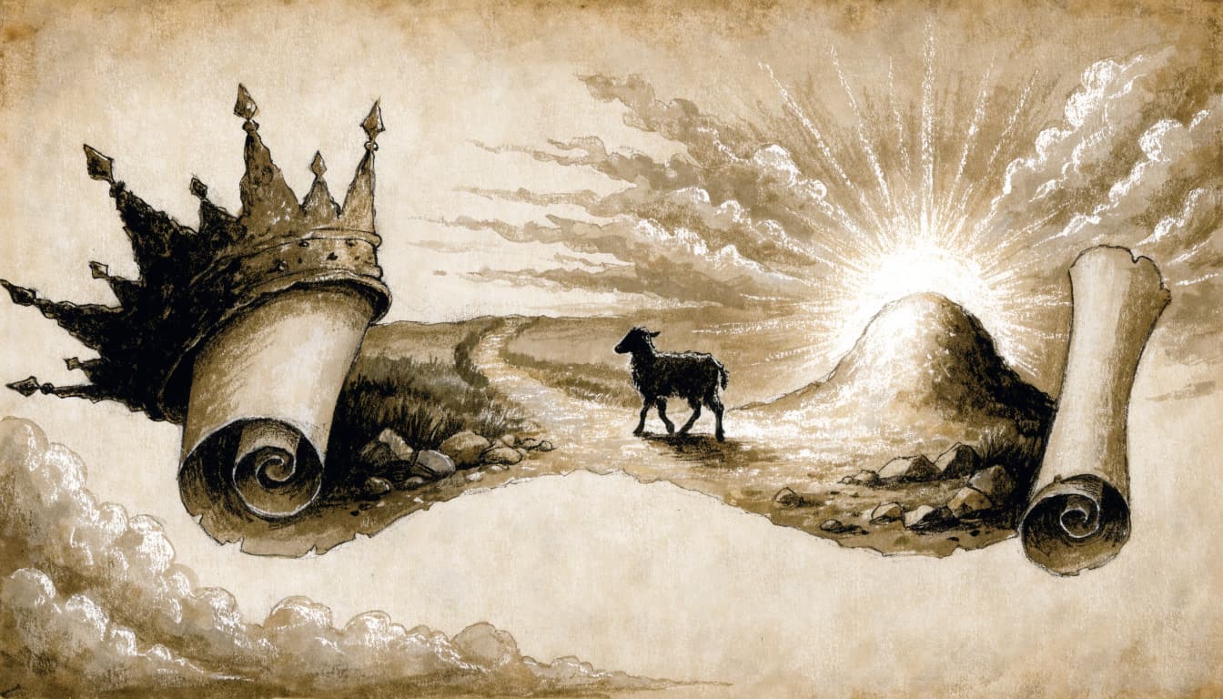 An illustrated parchment showing a crown, a path, a lamb, and an empty tomb under golden light.