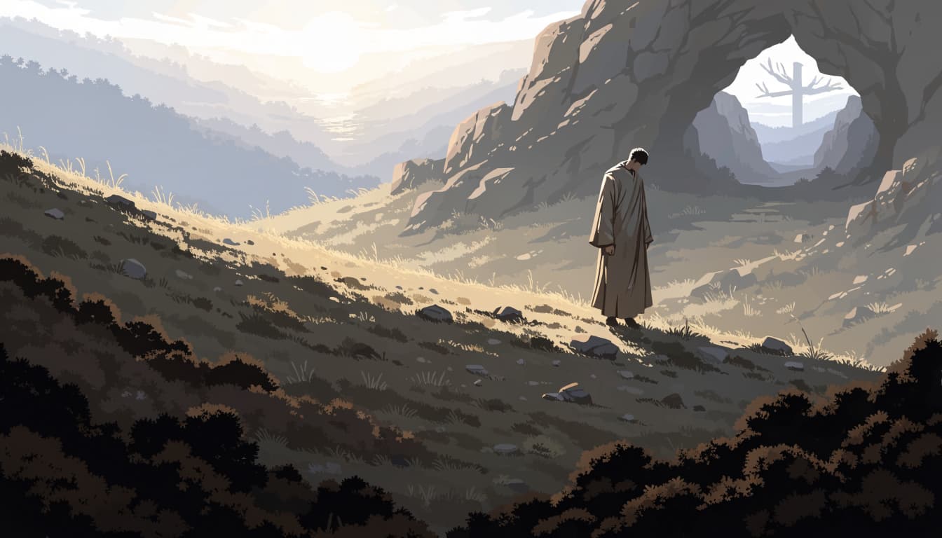 A robed figure stands on a grassy hill near a cave opening at dawn.