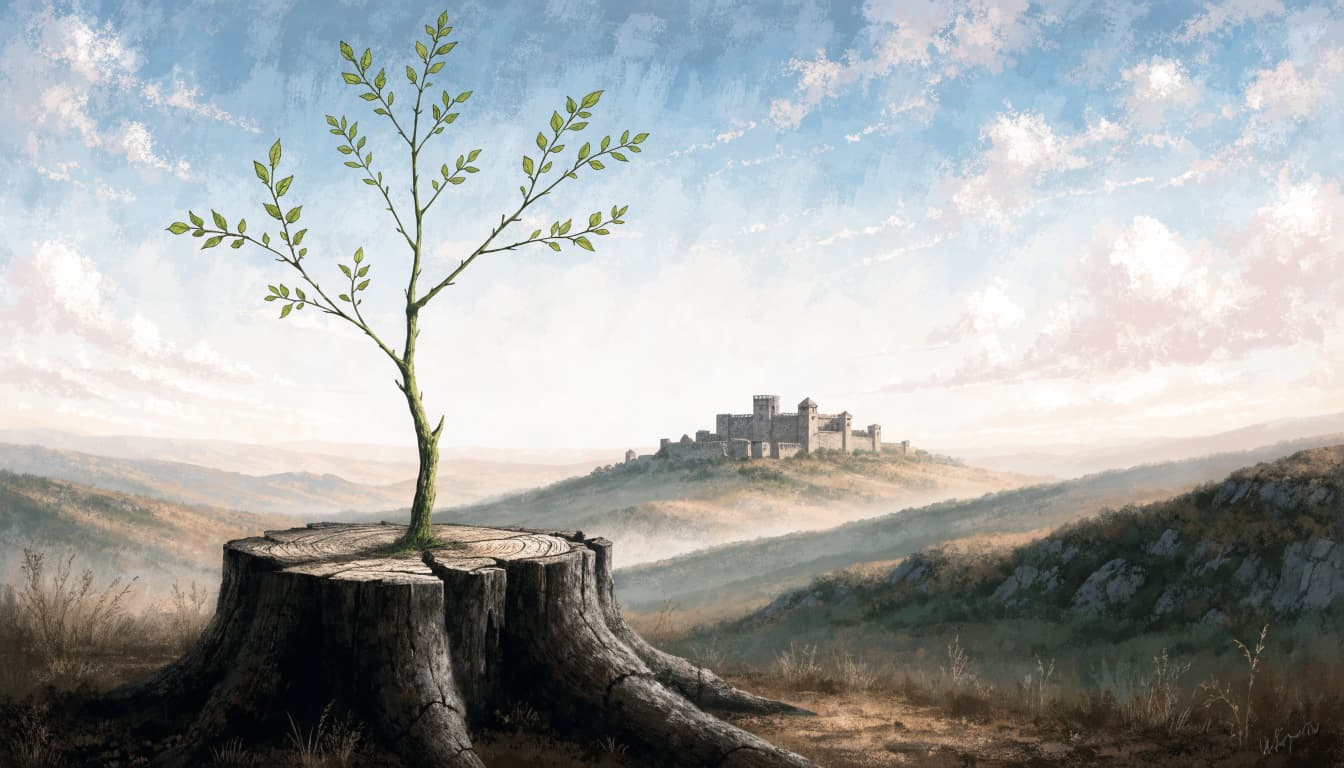 A young green sapling grows out of an old tree stump, with a distant castle on a hill under a cloudy sky.