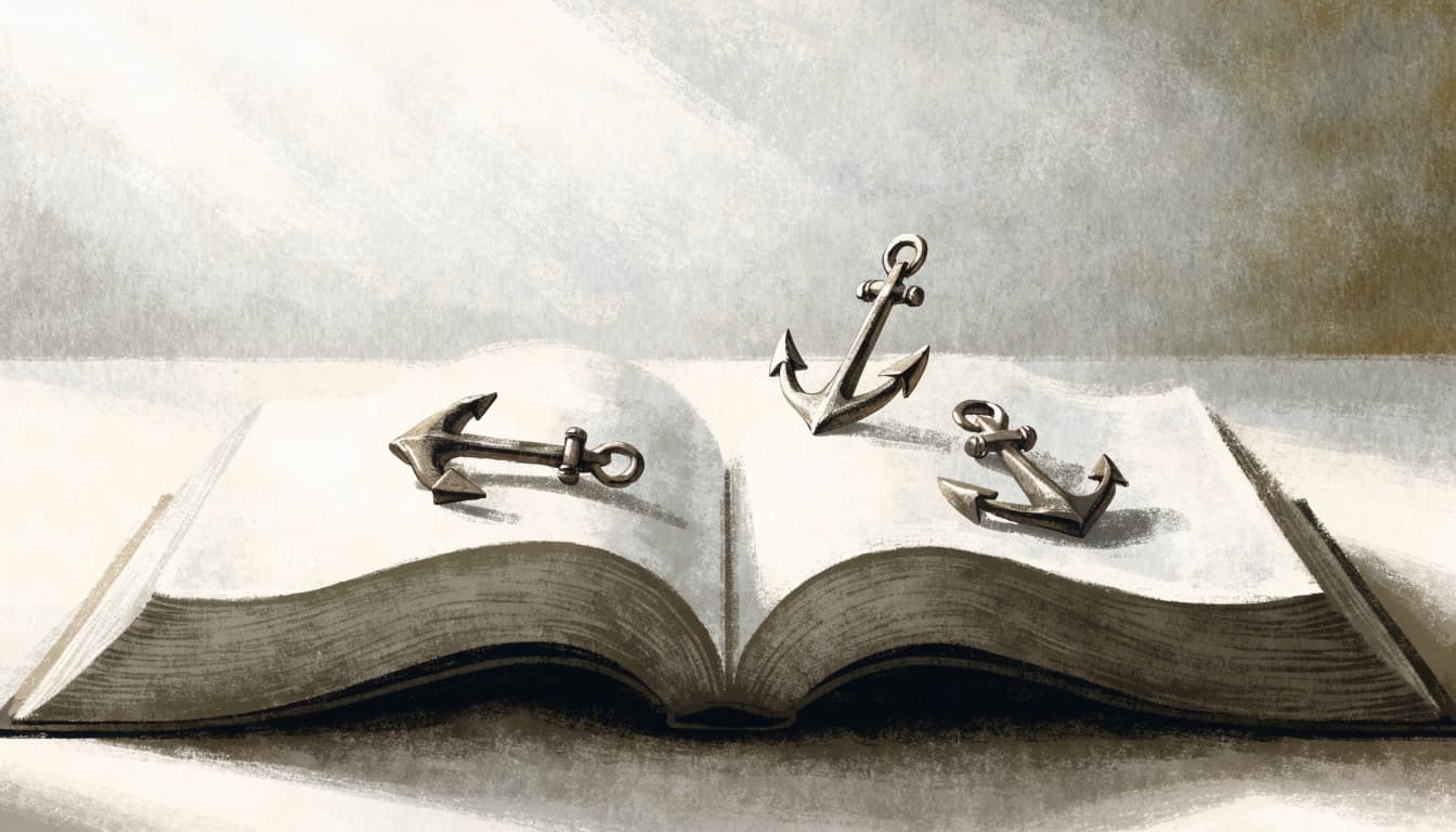 An open book on a table with three small bronze anchors resting on its pages.