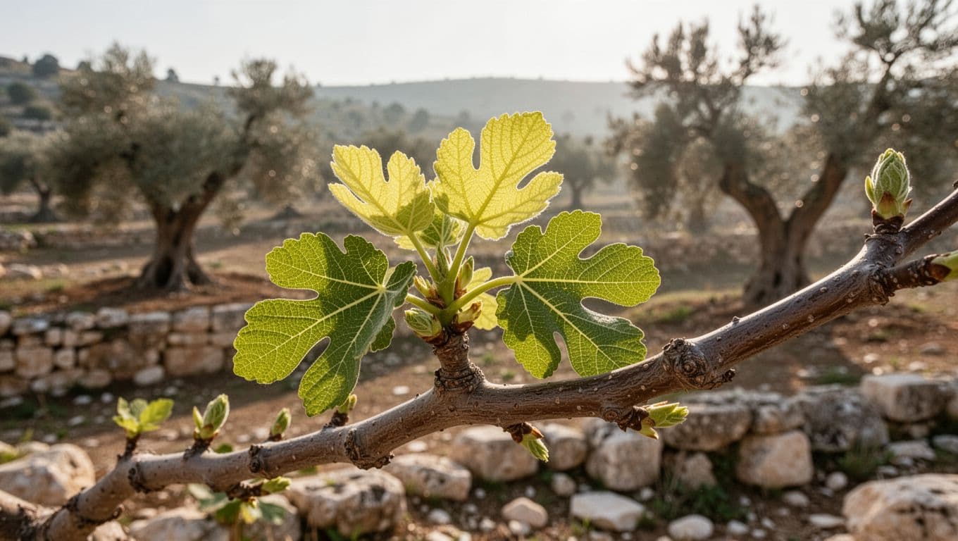 Close-up of fig tree branches with emerging green leaves on trunk amid ancient Judean hillside and olive trees.
