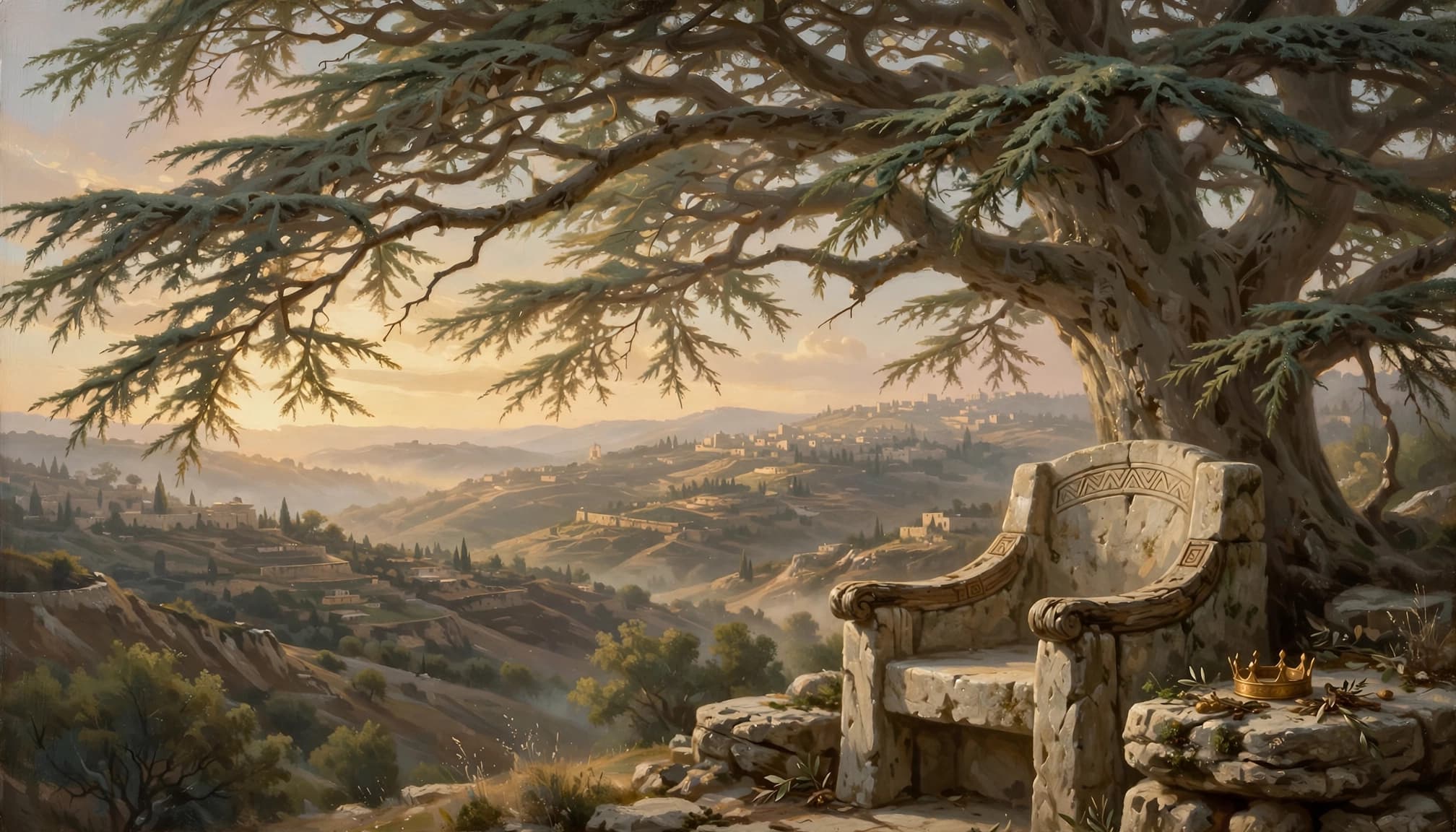 An ancient stone throne under a spreading cedar tree overlooking a landscape at dawn.