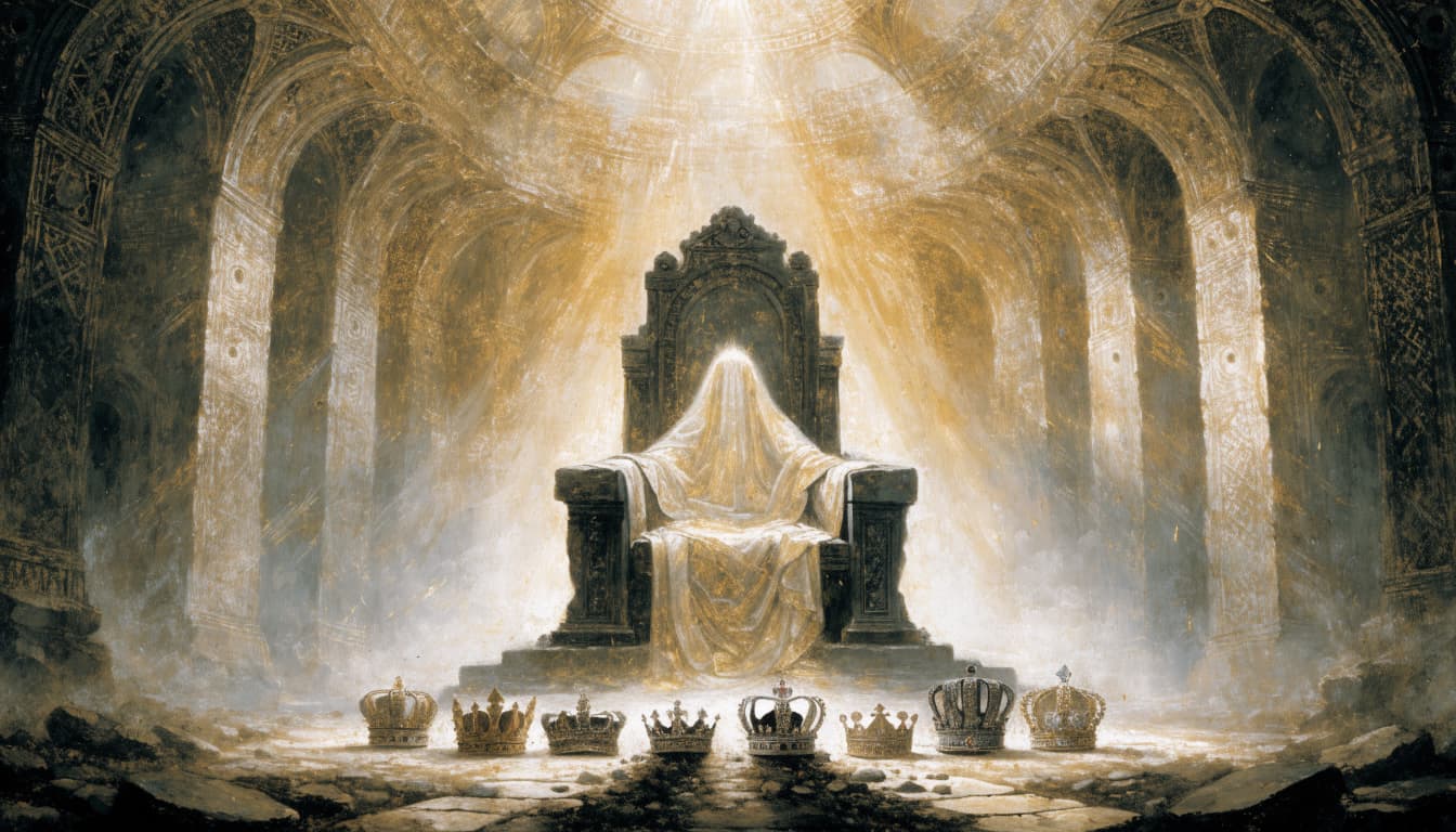 A luminous royal robe draped over a stone throne with crowns at its foot in a celestial hall.