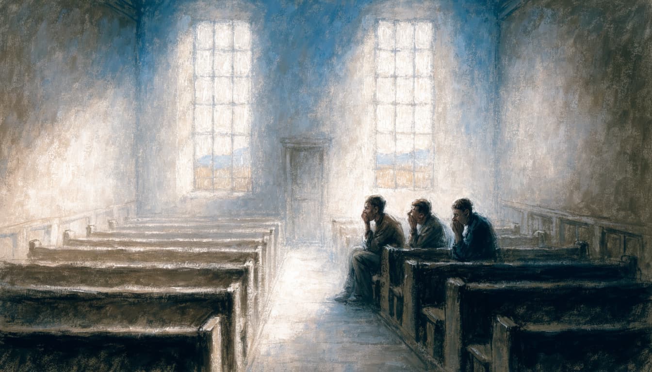 Three people sit in pews inside a dimly lit church with tall windows letting in bright light.