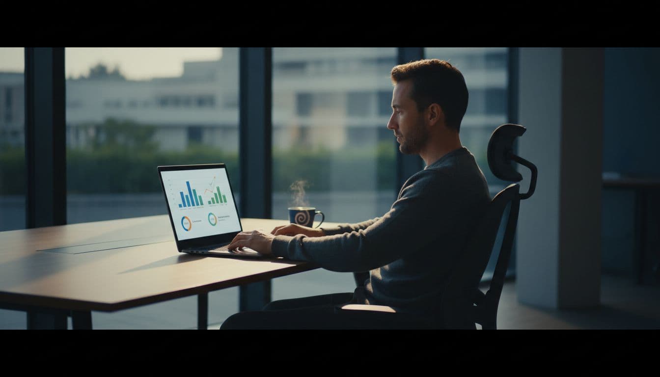 A relaxed person at a modern office desk examines the Google Search Console dashboard on a laptop screen displaying abstract graphs and coverage reports to verify indexing status, with a coffee mug nearby and dramatic cinematic lighting.