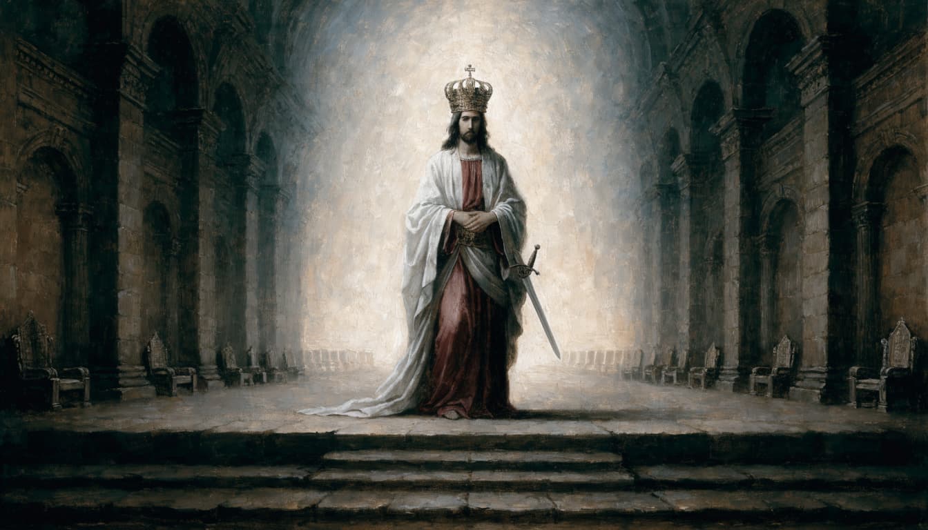 A crowned figure in white and crimson robes stands in a grand stone hall with a sword at his side.
