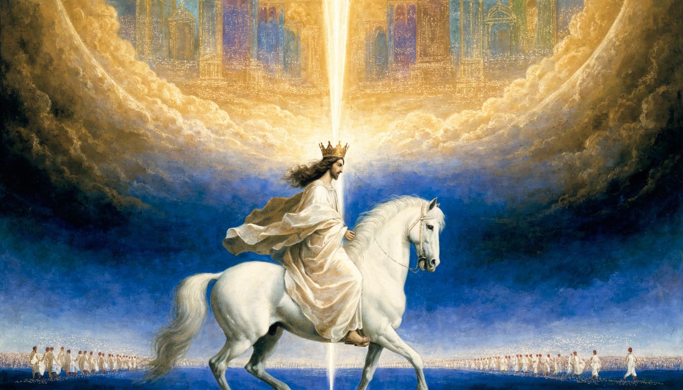 A crowned rider on a white horse beneath an opened golden heaven with a beam of light.