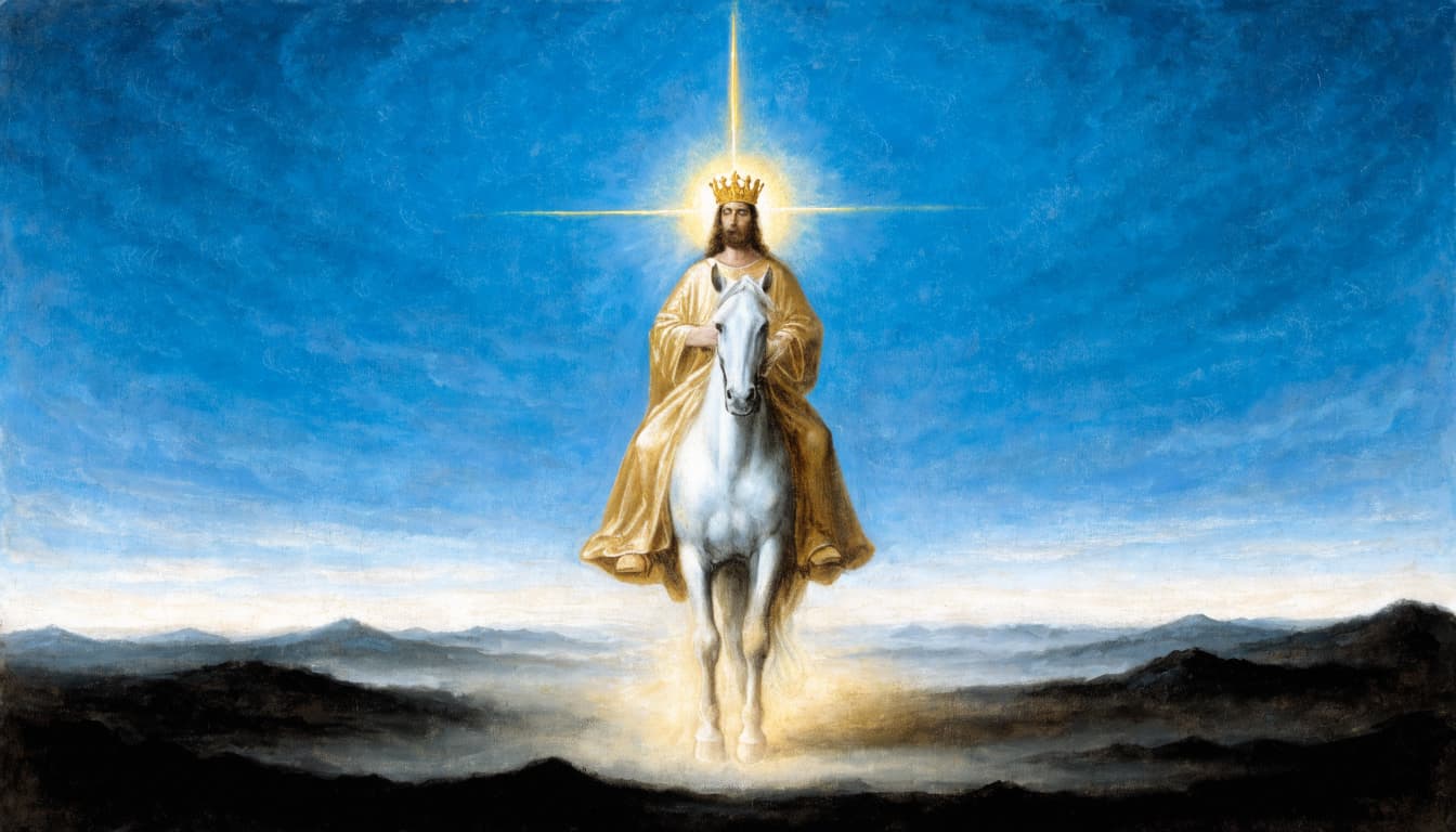 A painting of Christ wearing a crown and golden robe, riding a white horse against a blue sky.