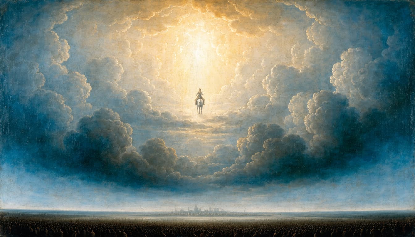 A classical painting of a glowing opening in the clouds with a figure on a white horse above a vast crowd.