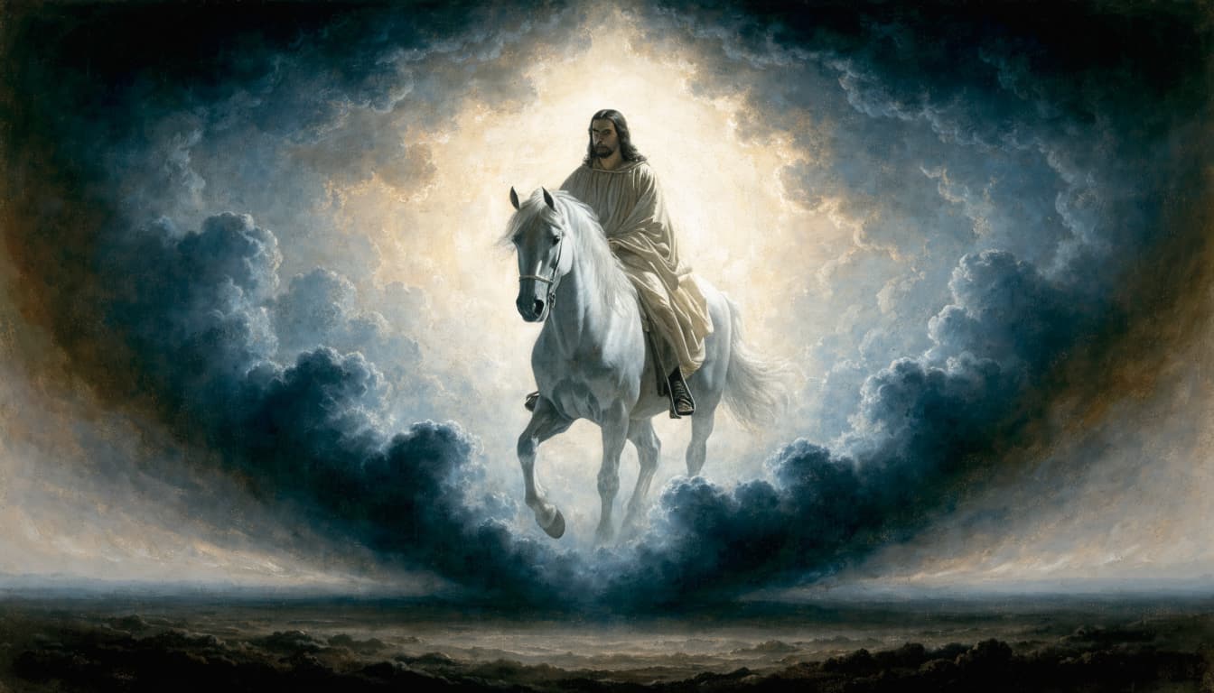 A figure in white robes rides a white horse through dramatic clouds.