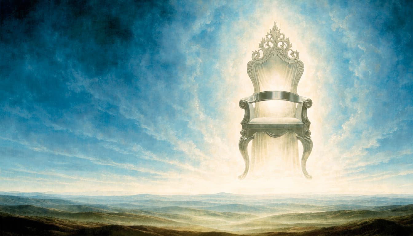 A luminous royal throne floats in the sky above a rolling landscape under a blue and gold sky.