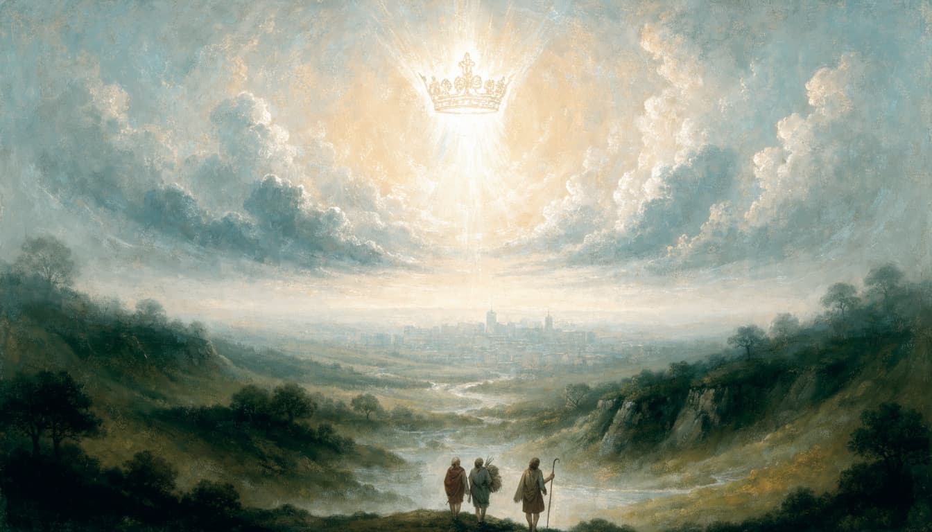 A painterly landscape shows three distant figures looking toward a radiant crown floating in the sky.