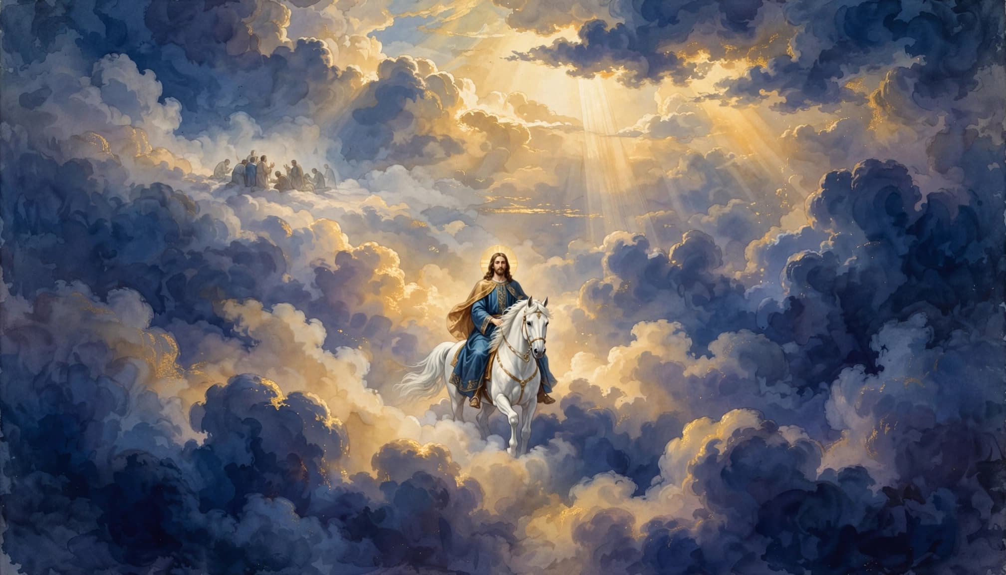 A figure riding a white horse through dramatic blue and gold clouds.