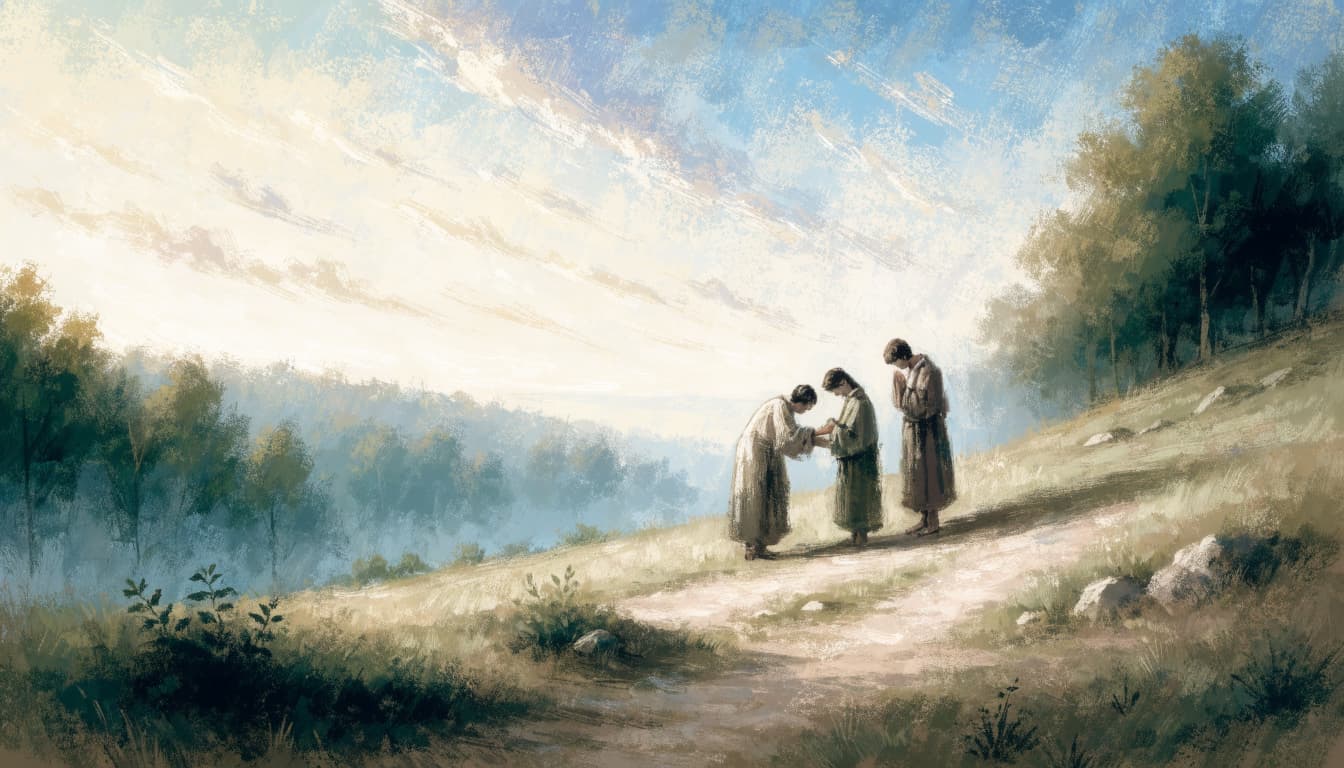 A painterly illustration of three figures standing on a hillside path at sunrise.